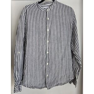 Selected Mens Dress Shirt L Striped Gray Linen Long Sleeve Breathable Mao Neck